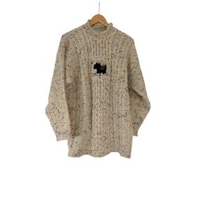 West Highland Woollers Scottie Dog Pure Wool Cable Knit Sweater Scotland Cream M